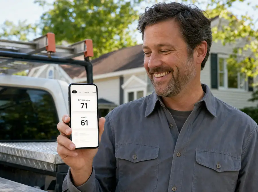 Contractor standing by his work truck checking his scored leads on his phone