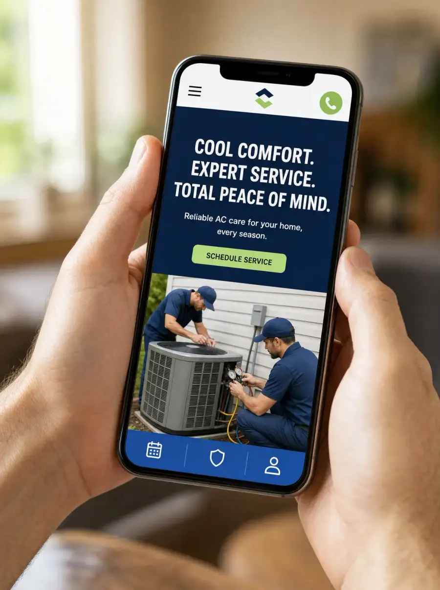 Two hands holding a phone showing a Triton-built home-services website on mobile, with a bold headline and a tap-to-book call to action