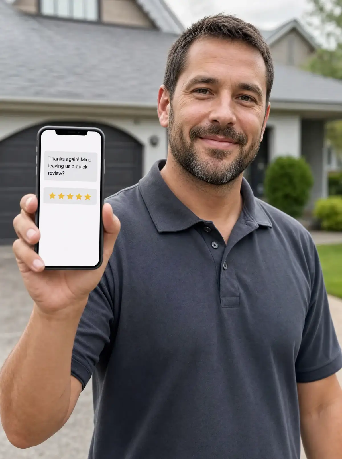 A contractor holding up a phone showing a text-message review request with a five-star rating