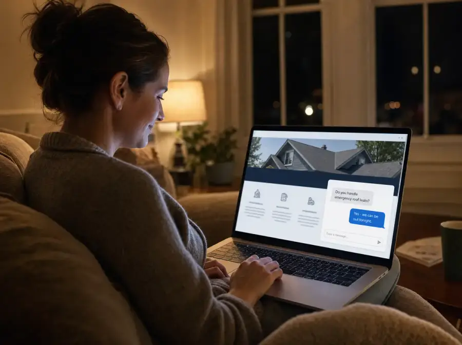 A homeowner on her sofa at night, getting an instant answer from a contractor's website chat about an emergency roof leak